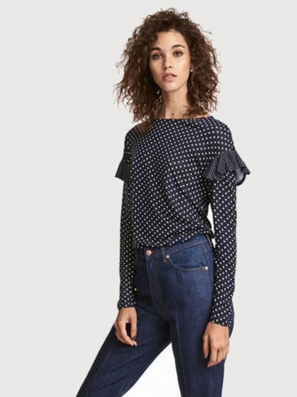 H&M Polka Dot Top Ruffle Flutter Long Sleeve Flounced Top Shirt S Blue White